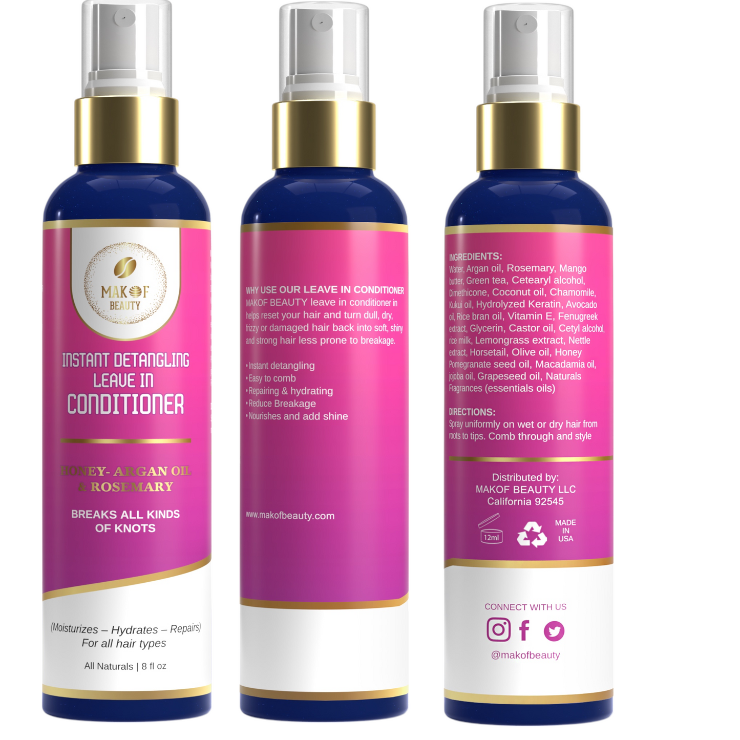 Instant Detangling 3 in 1 Leave-in Conditioner, Anti Frizz, Damage Repairing, Moisturizing with Argan Oil, Rosemary, for All Hair Types, 8 fl oz
