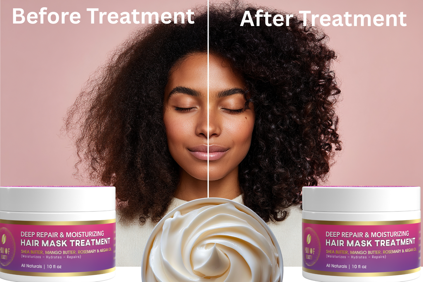 MAKOF BEAUTY Deep Repair Moisturizing Hair Mask Treatment with Shea Butter, Mango Butter, Rosemary, Argan Oil, All Natural, 10 fl oz