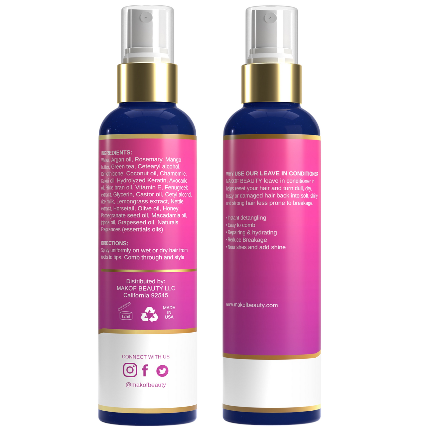 Instant Detangling 3 in 1 Leave-in Conditioner, Anti Frizz, Damage Repairing, Moisturizing with Argan Oil, Rosemary, for All Hair Types, 8 fl oz