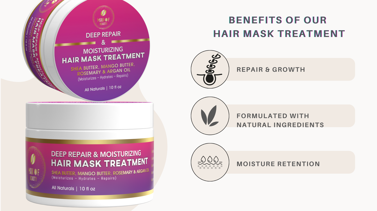 MAKOF BEAUTY Deep Repair Moisturizing Hair Mask Treatment with Shea Butter, Mango Butter, Rosemary, Argan Oil, All Natural, 10 fl oz
