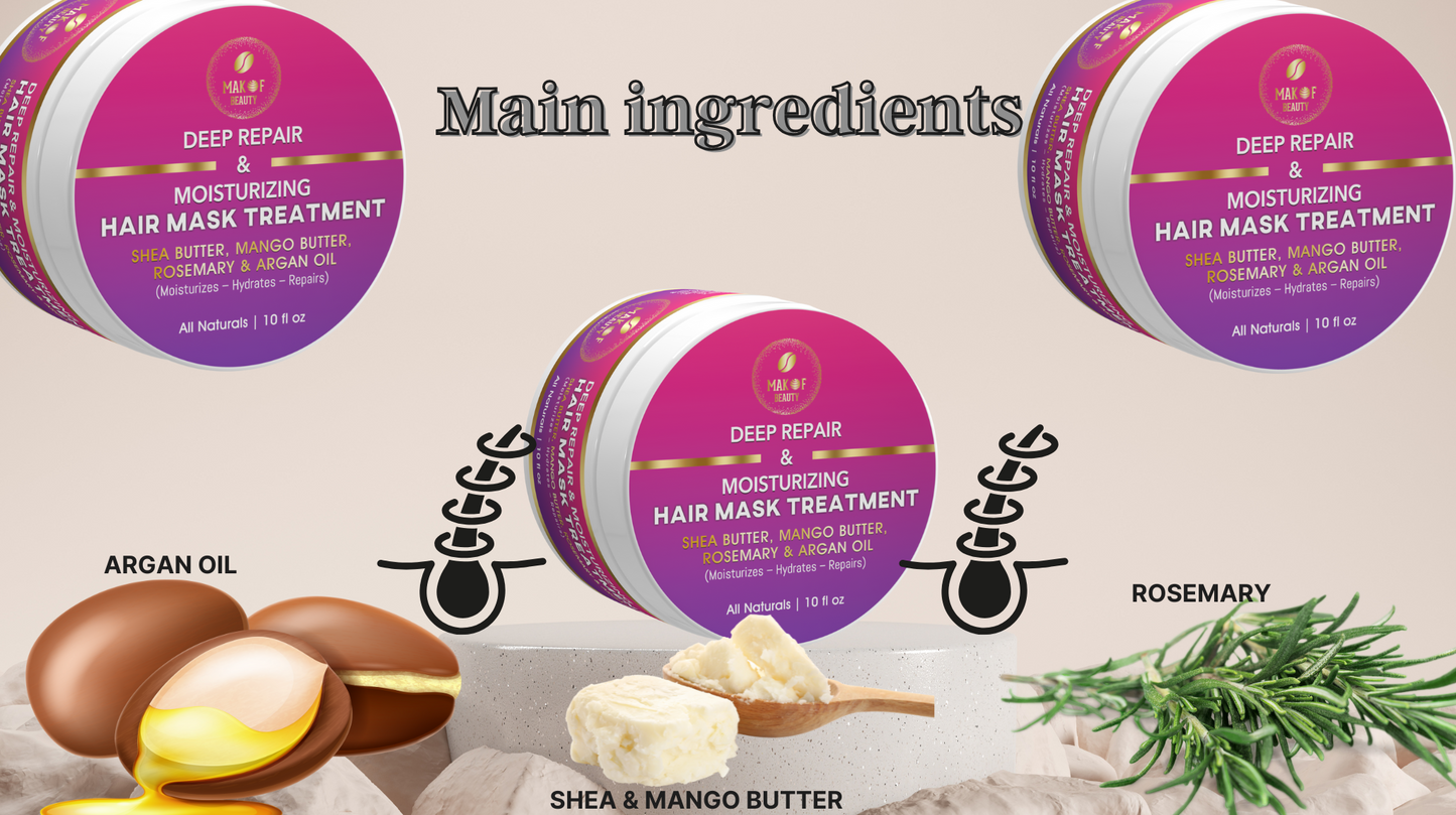 MAKOF BEAUTY Deep Repair Moisturizing Hair Mask Treatment with Shea Butter, Mango Butter, Rosemary, Argan Oil, All Natural, 10 fl oz