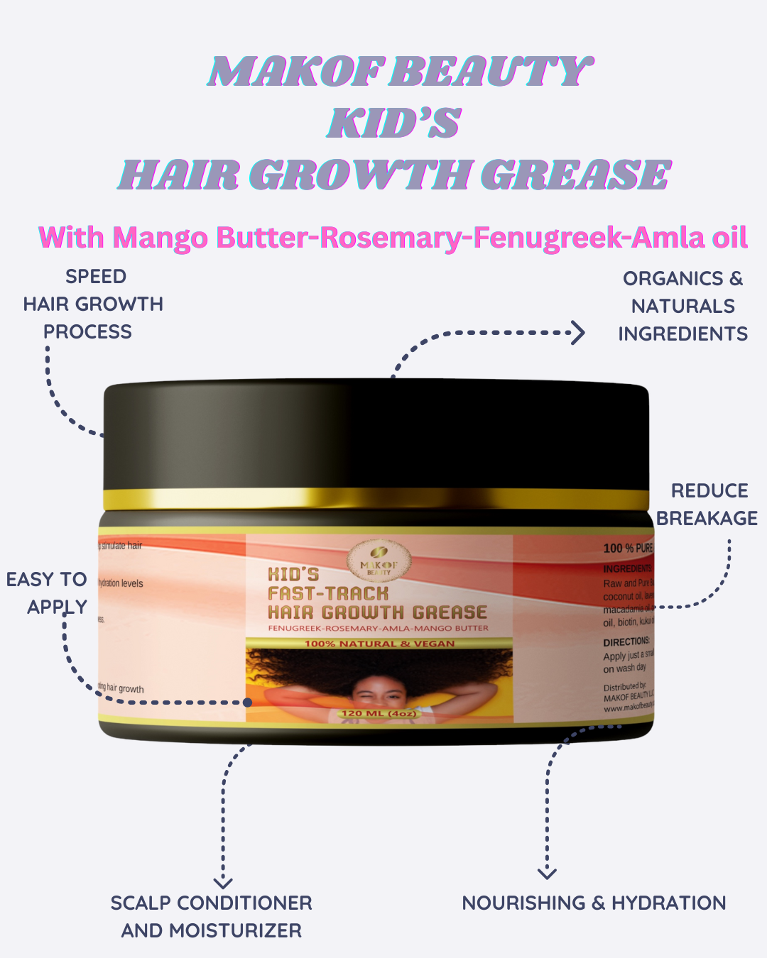Kid's Hair Growth Grease with Raw Organic and Pure Batana Extract, Rosemary, Fenugreek, Amla oil Mango Butter. Improve Elasticity. Perfect Curly, coily and straight Hair types. 120 Ml