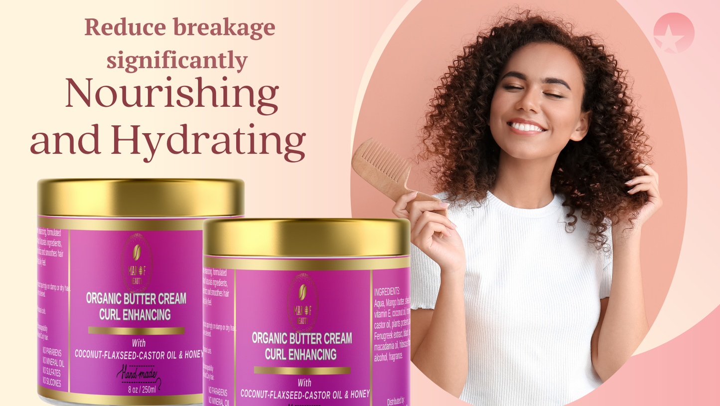 CURLS ENHANCING COCONUT BUTTER CREAM. WITH CASTOR OIL, FLAXSEED & COCONUT. FOR COILY & CURLY HAIR TYPES. 8 oz