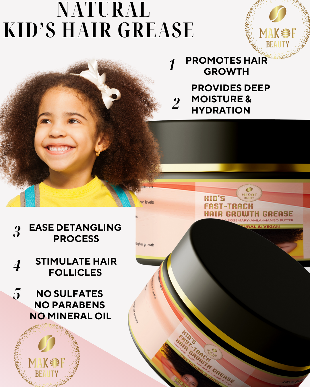 Kid's Hair Growth Grease with Raw Organic and Pure Batana Extract, Rosemary, Fenugreek, Amla oil Mango Butter. Improve Elasticity. Perfect Curly, coily and straight Hair types. 120 Ml