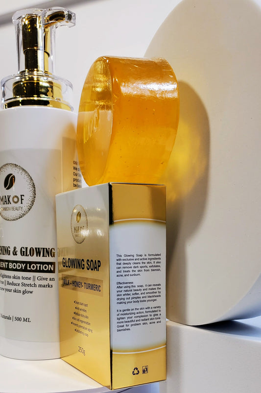 SKIN GLOWING SET. Emollient Body Lotion, Glowing Soap and Glowing Face Cream.