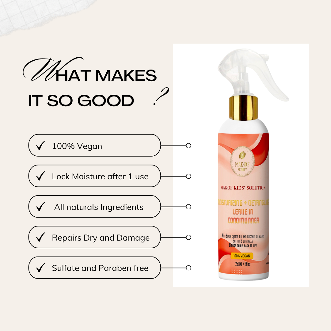 Kids LEAVE IN CONDITIONER For Kids , With Castor oil and Coconut oil, Soften, Detangles, Brings Curls Back To Life. 250ml, 100% vegan, No Parabens, Sulfate.