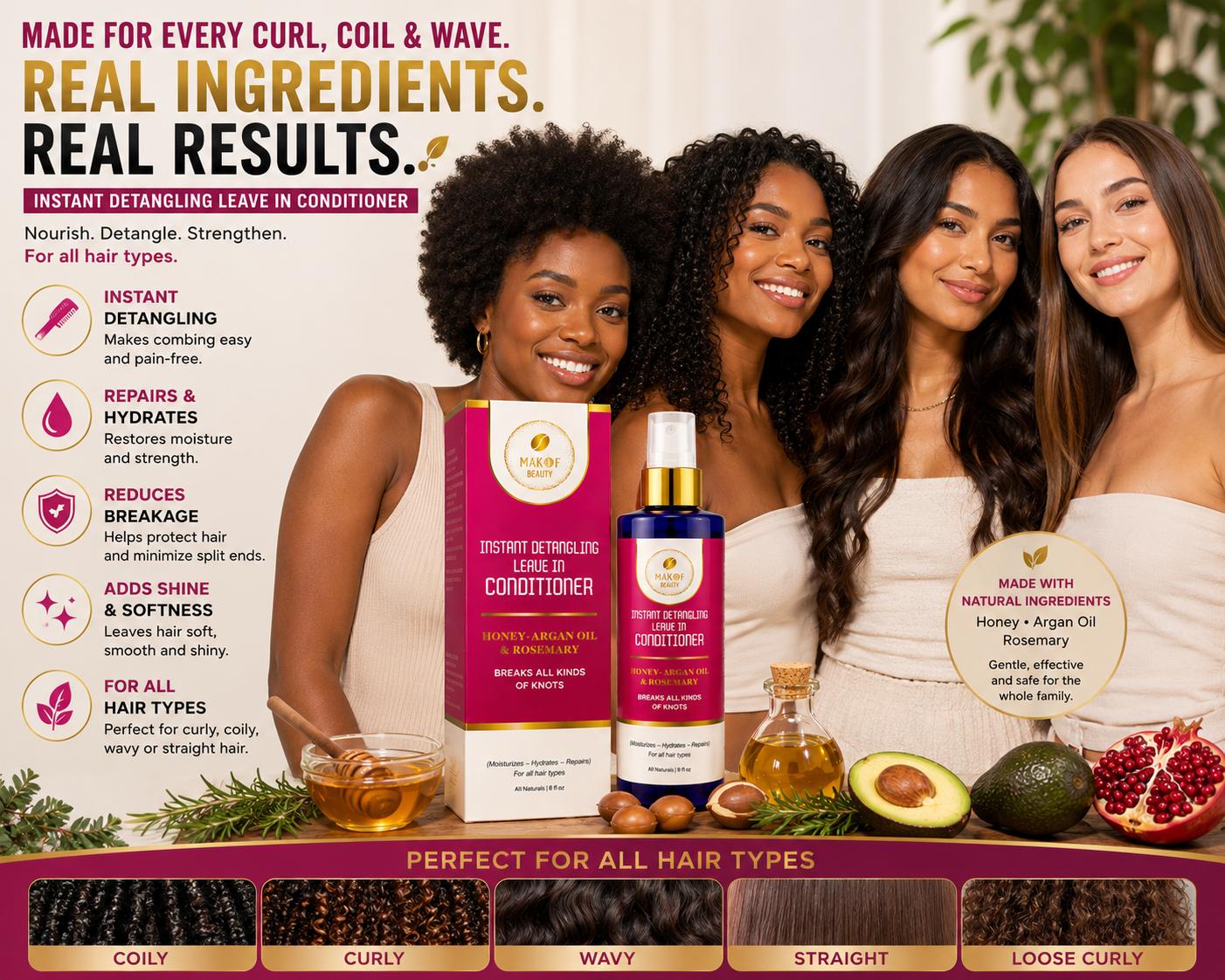 Instant Detangling 3 in 1 Leave-in Conditioner, Anti Frizz, Damage Repairing, Moisturizing with Argan Oil, Rosemary, for All Hair Types, 8 fl oz