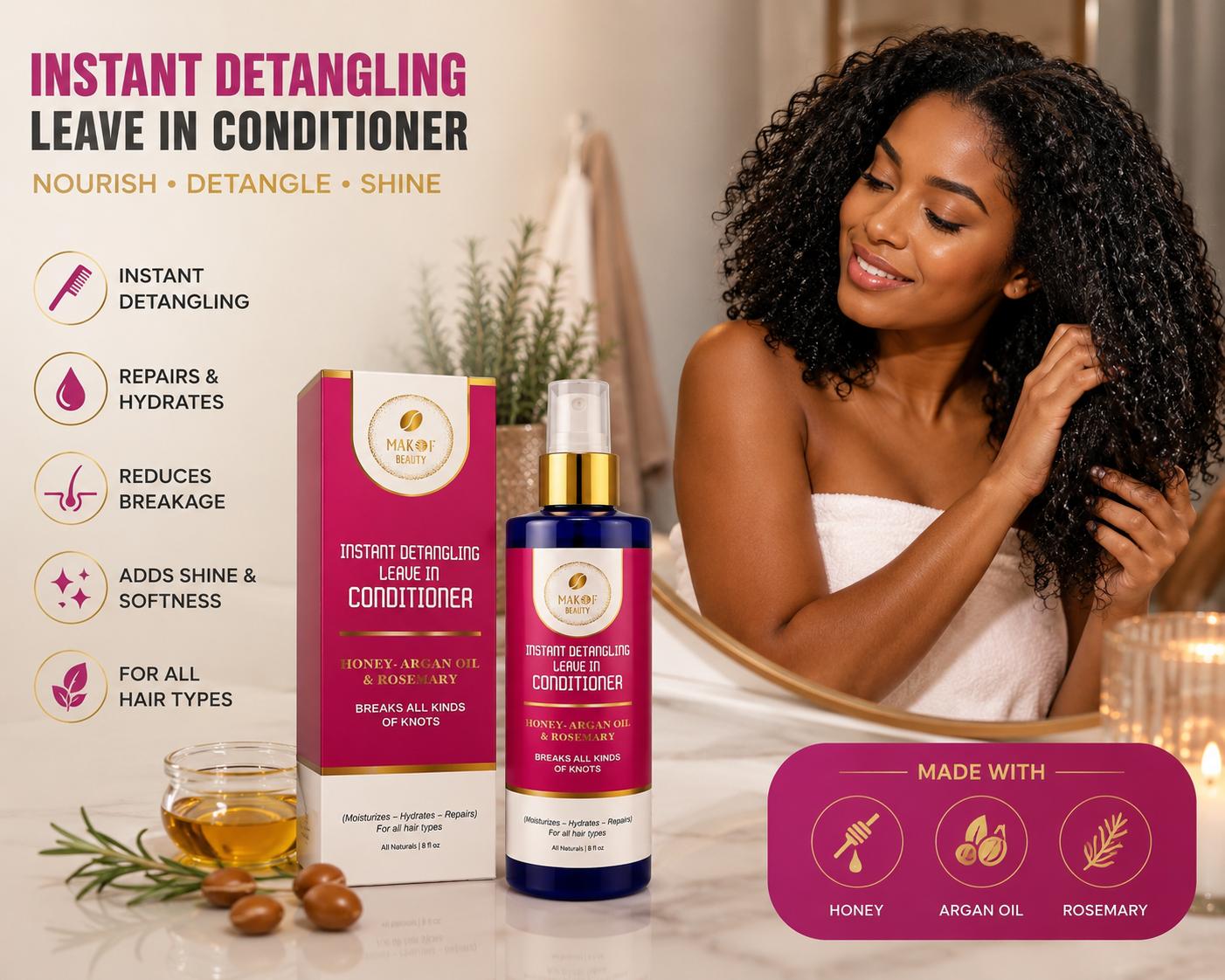 Instant Detangling 3 in 1 Leave-in Conditioner, Anti Frizz, Damage Repairing, Moisturizing with Argan Oil, Rosemary, for All Hair Types, 8 fl oz