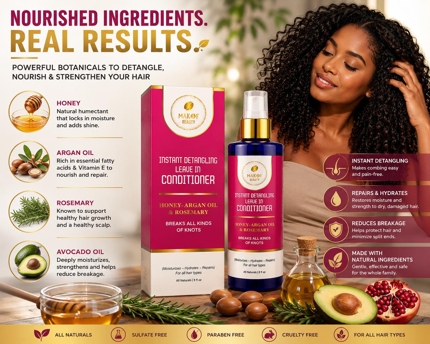 Instant Detangling 3 in 1 Leave-in Conditioner, Anti Frizz, Damage Repairing, Moisturizing with Argan Oil, Rosemary, for All Hair Types, 8 fl oz