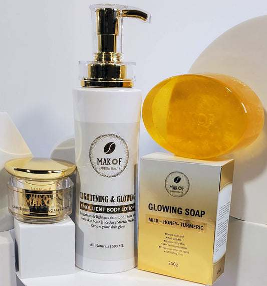 SKIN GLOWING SET. Emollient Body Lotion, Glowing Soap and Glowing Face Cream.